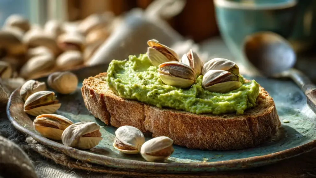 How to make Pistachio butter spread on thick bread, garnished with whole pistachios
