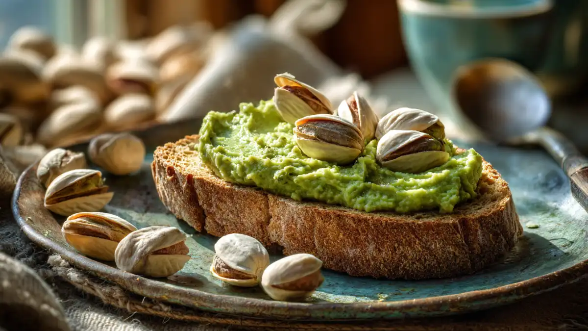 How to make Pistachio butter spread on thick bread, garnished with whole pistachios