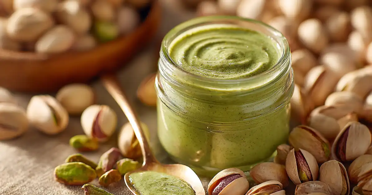 Homemade pistachio butter in a jar with toast and pistachios