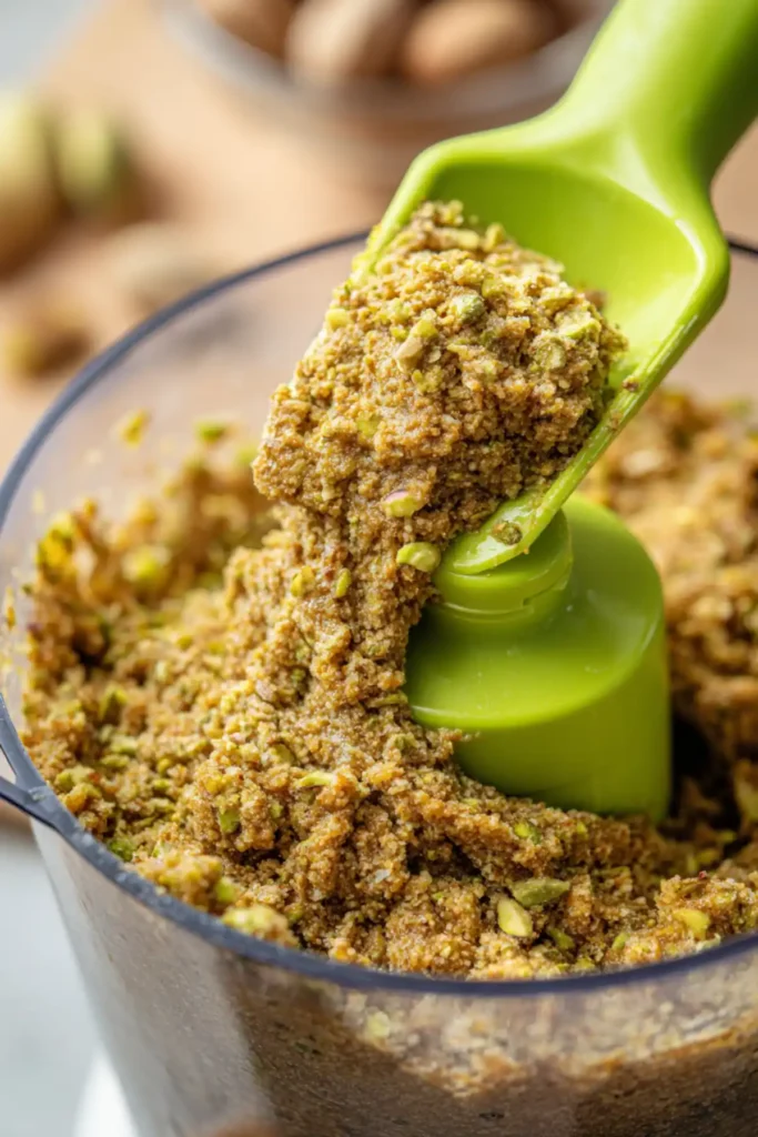 Roasted pistachios in a food processor halfway blended