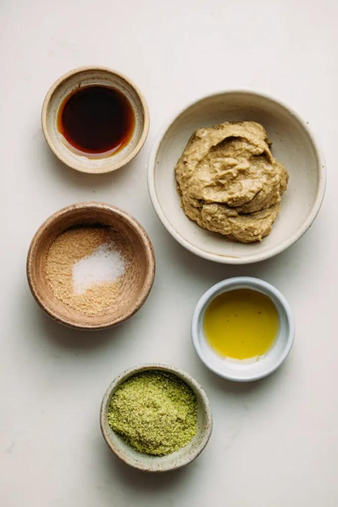 Bowls of maple syrup, oil, and salt next to pistachio paste