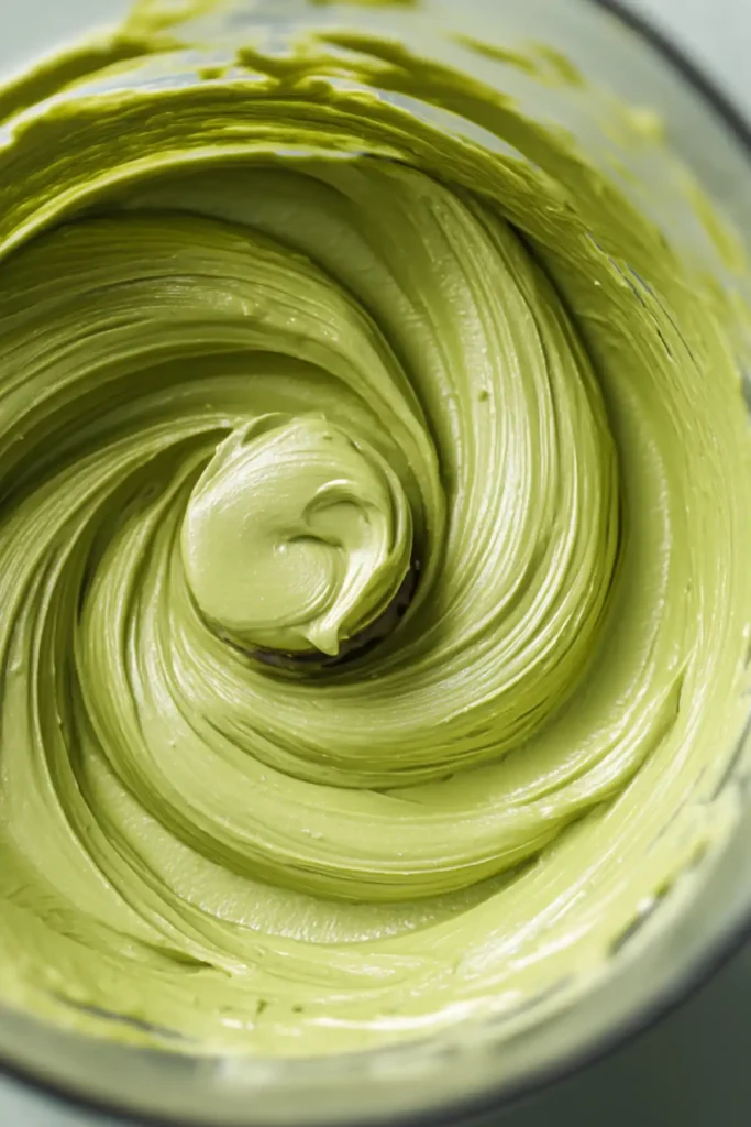 Smooth pistachio butter swirled in a blender bowl
