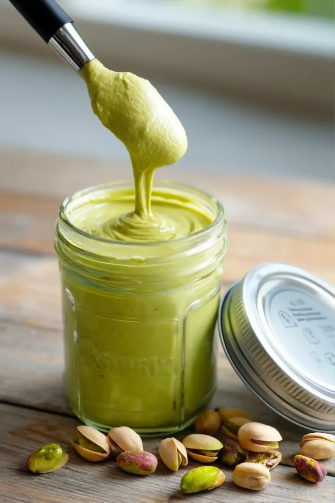 Pistachio butter stored in a sealed glass jar