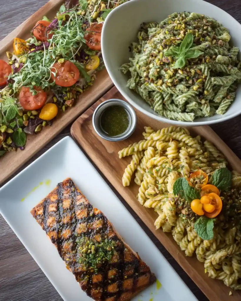 Pistachio butter used in pasta, salmon glaze, and grain bowl