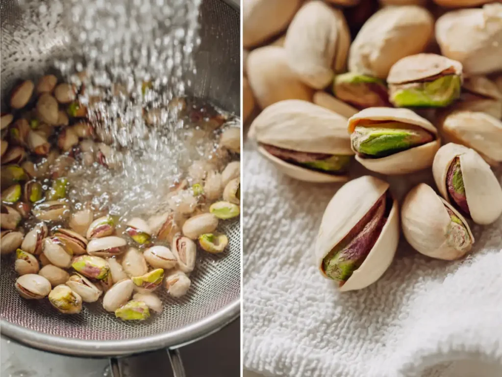 Blanched and peeled raw pistachios on kitchen towel