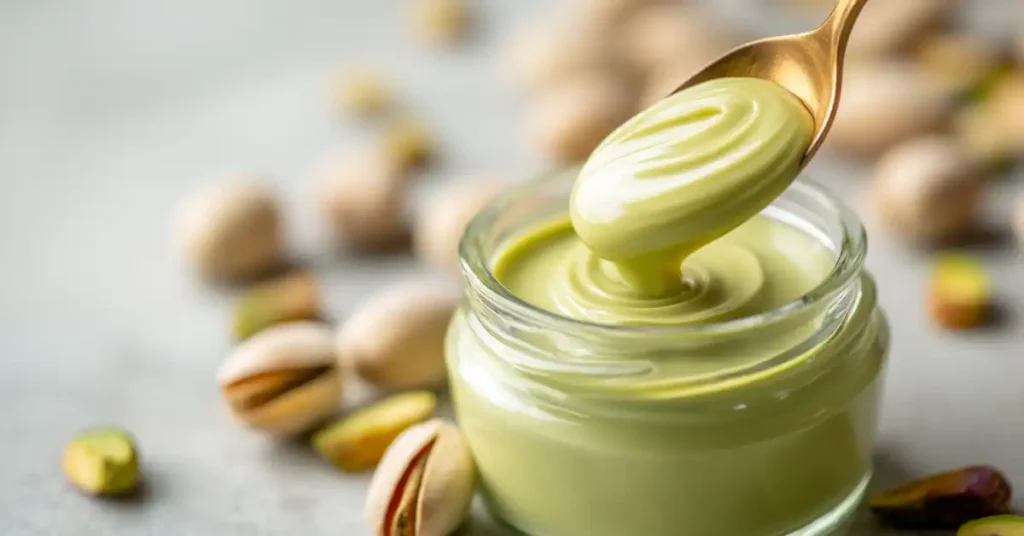 Swirling spoon inside a jar of creamy pistachio spread