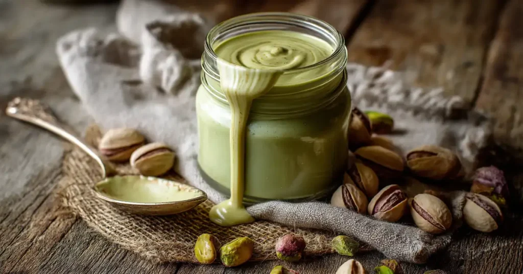Jar of homemade pistachio cream with pistachios and spoon
