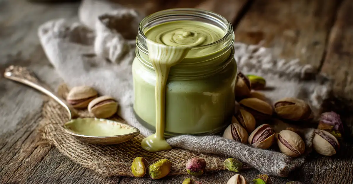 Jar of homemade pistachio cream with pistachios and spoon