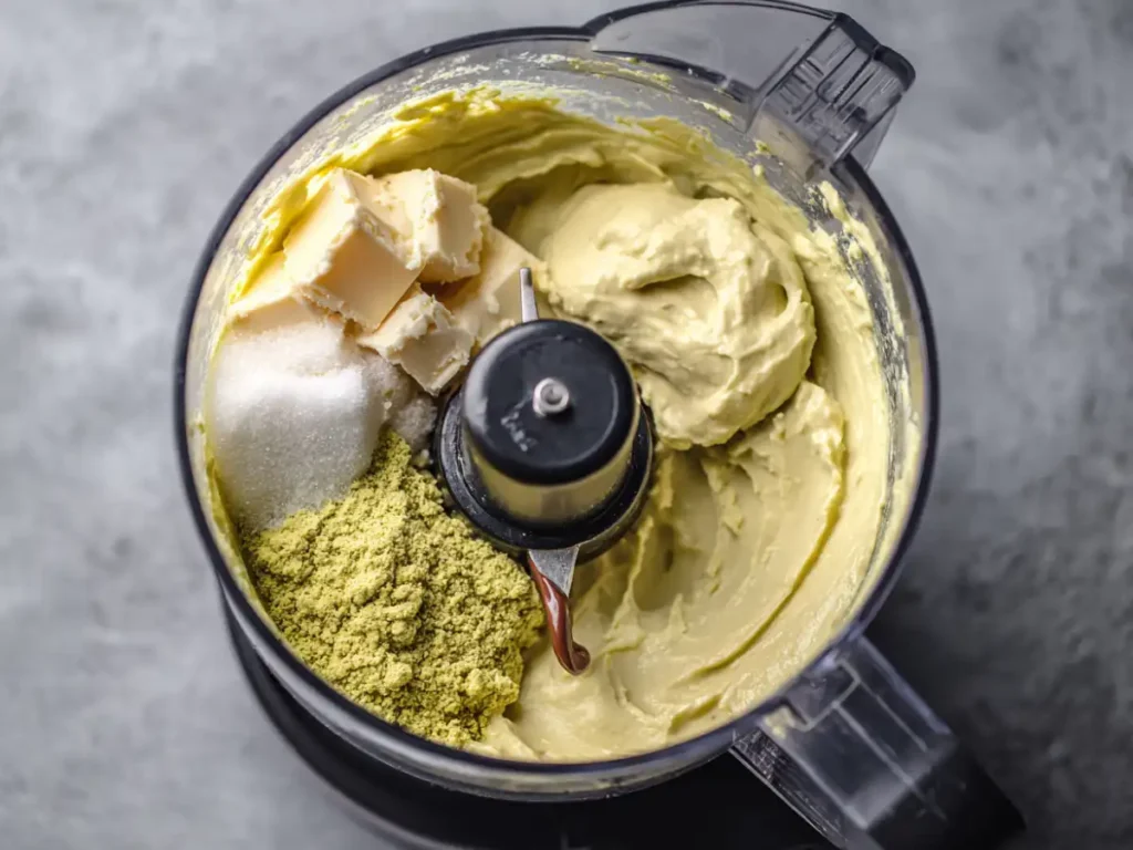 Adding milk, butter, and chocolate to pistachio paste