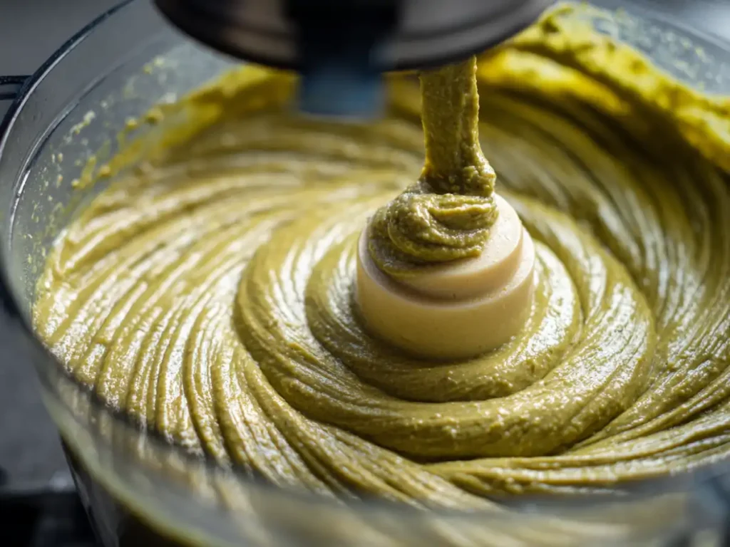 Pistachios being blended into smooth paste