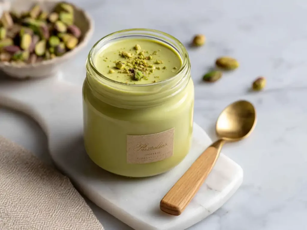 Pistachio cream stored in a glass jar