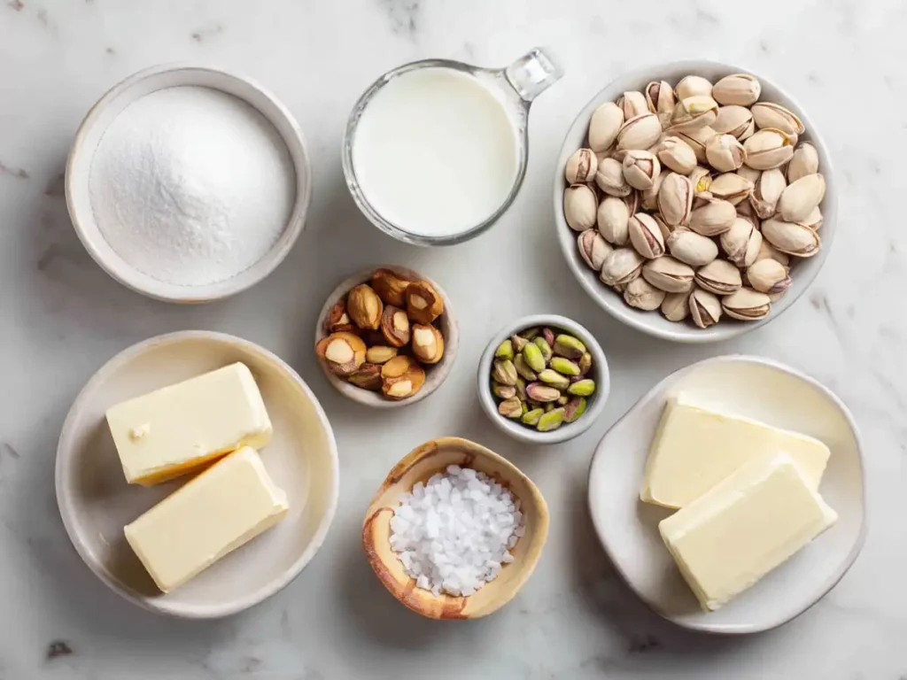 Flat lay of pistachio cream ingredients in bowls